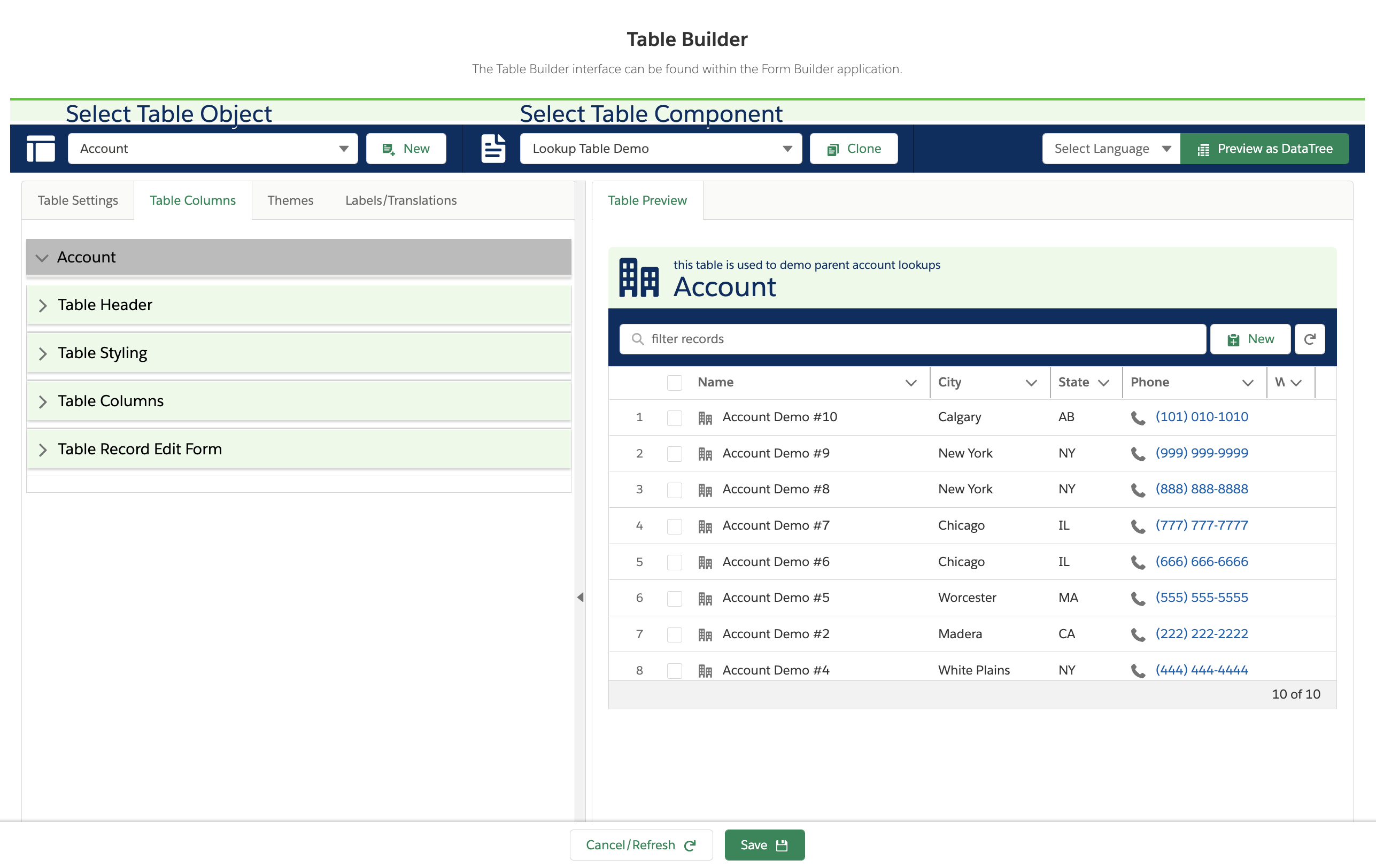 The Table Builder Interface allows admins to configure Datatables with a point-and-click visual interface easily. It is easy to add and arrange table columns with our point and click Table Columns Editor. Highlight key data points by adding icons and row-level CSS classes. Utilize column calculations to quickly calculate the Sum, Min, Max, or Average of all or selected row values. Add your Datatable Components to one or more Flow Screens and utilize the power of Flow to retrieve and assign records to your tables. Grant users the ability to add, edit, clone, delete, select, or filter records.